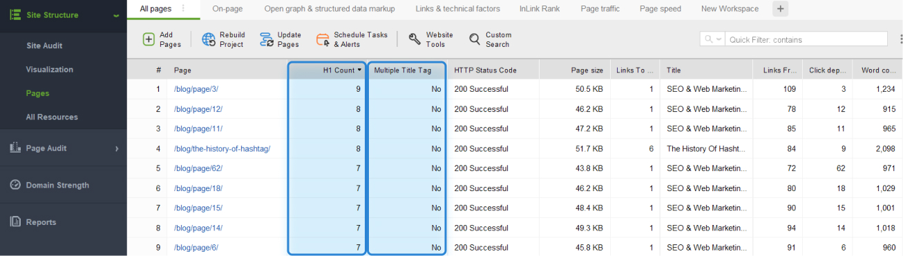 Check number of title and H1 tags 