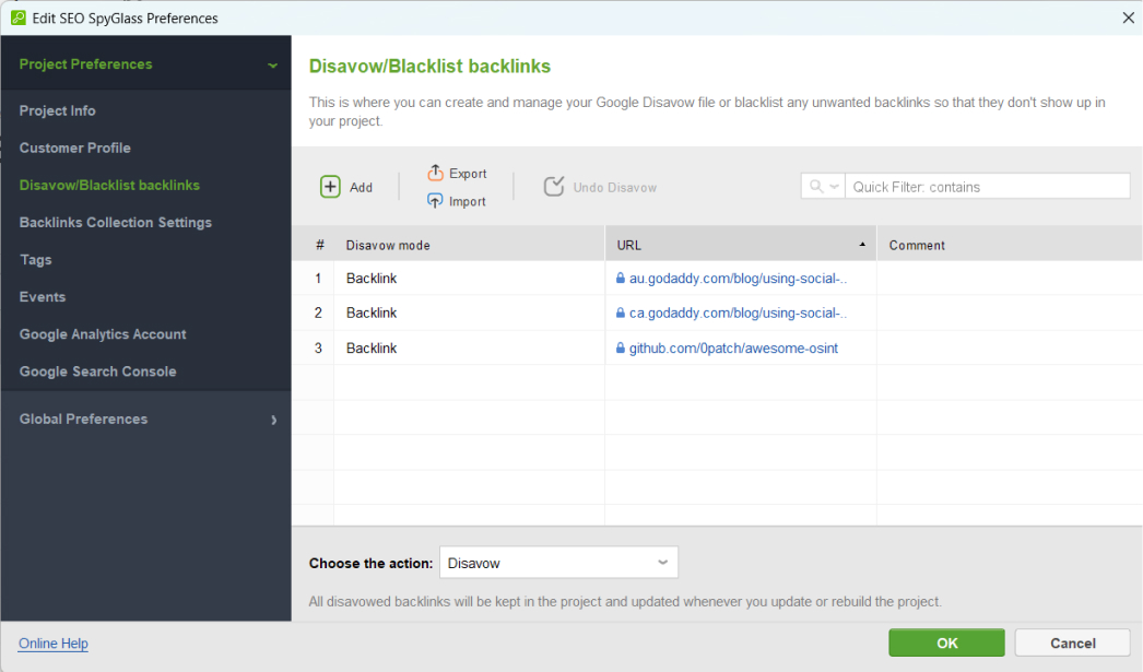 Disavow backlinks in SEO SpyGlass