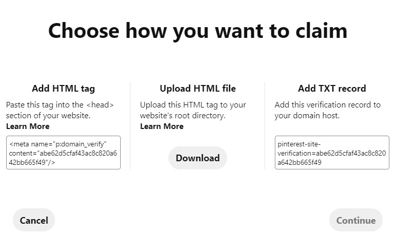 three ways to claim a website on pinterest
