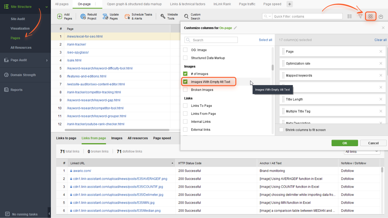 adding the Images with empty alt text column to WebSite Audiotr's workspace