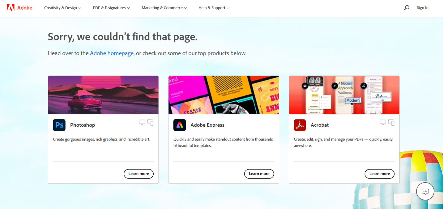Adobe's 404 error page