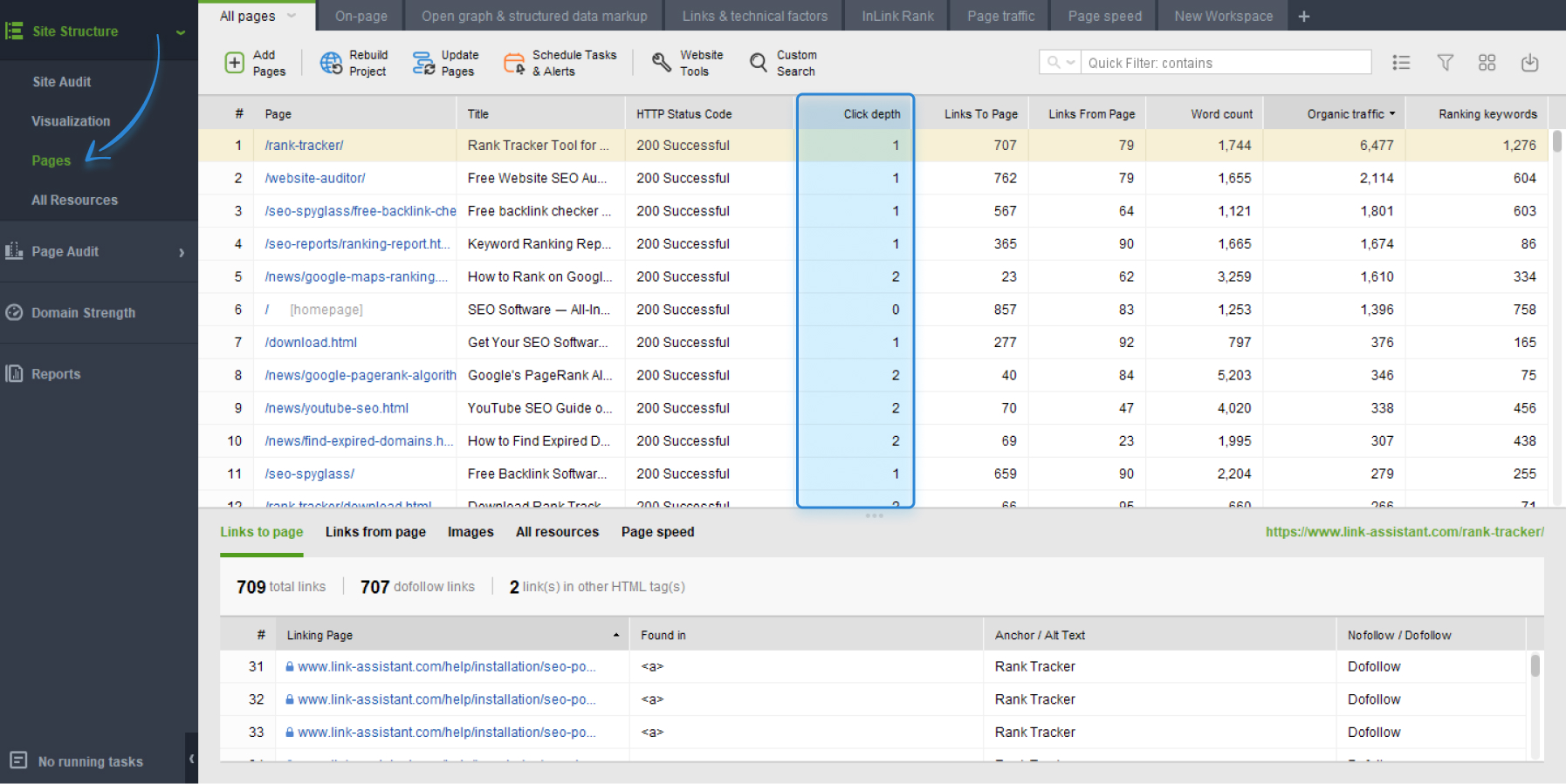 checking click depth in WebSite Auditor