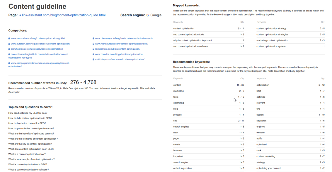 Content guideline from WebSite Auditor