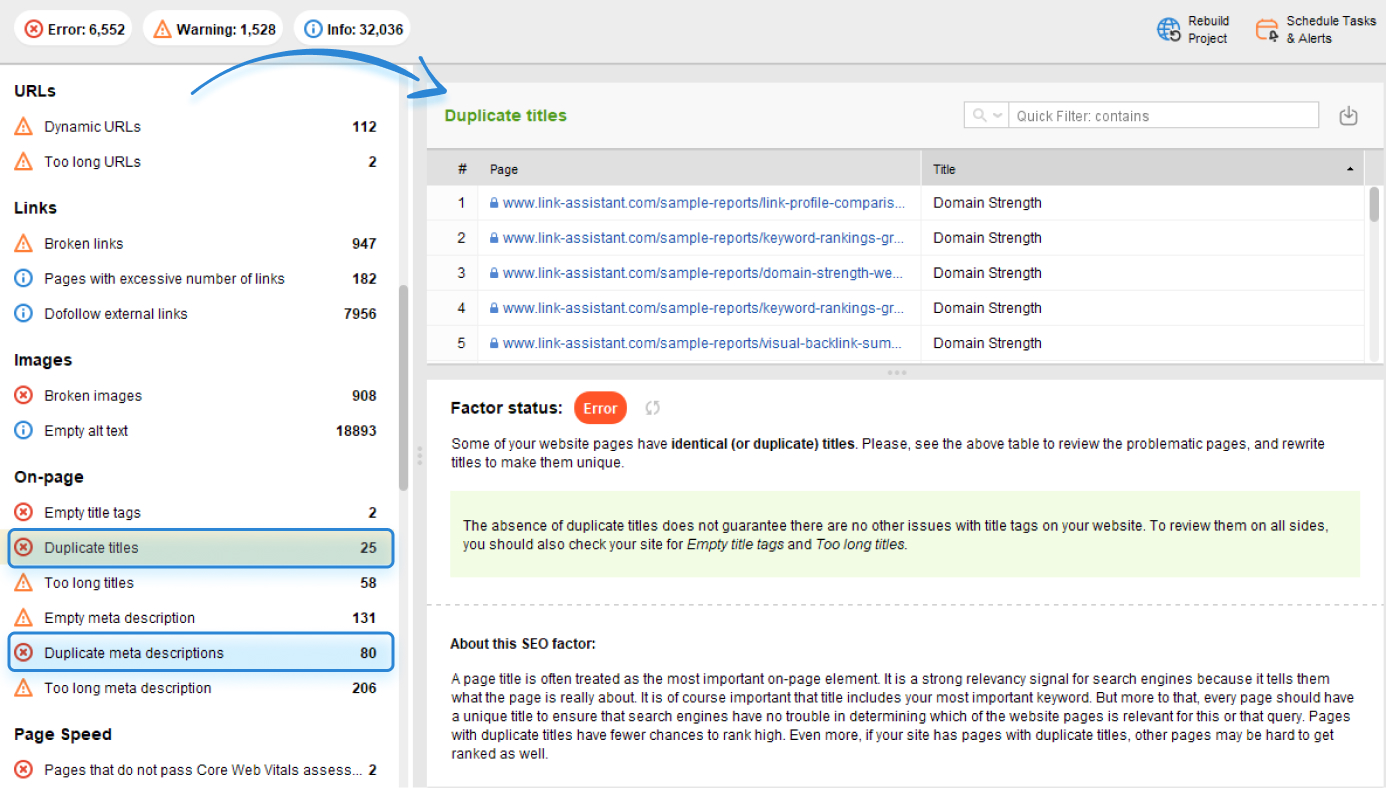 duplicate content issue detecting in website auditor
