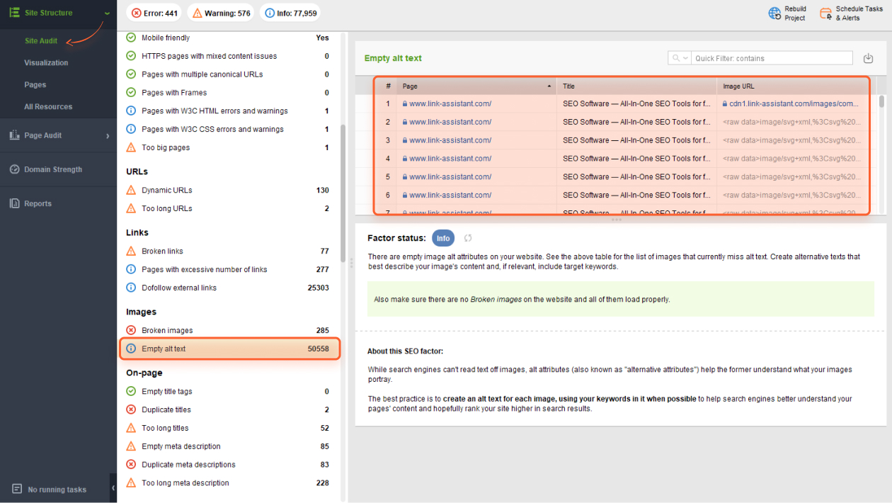 Site audit in WebSie Auditor, image factor
