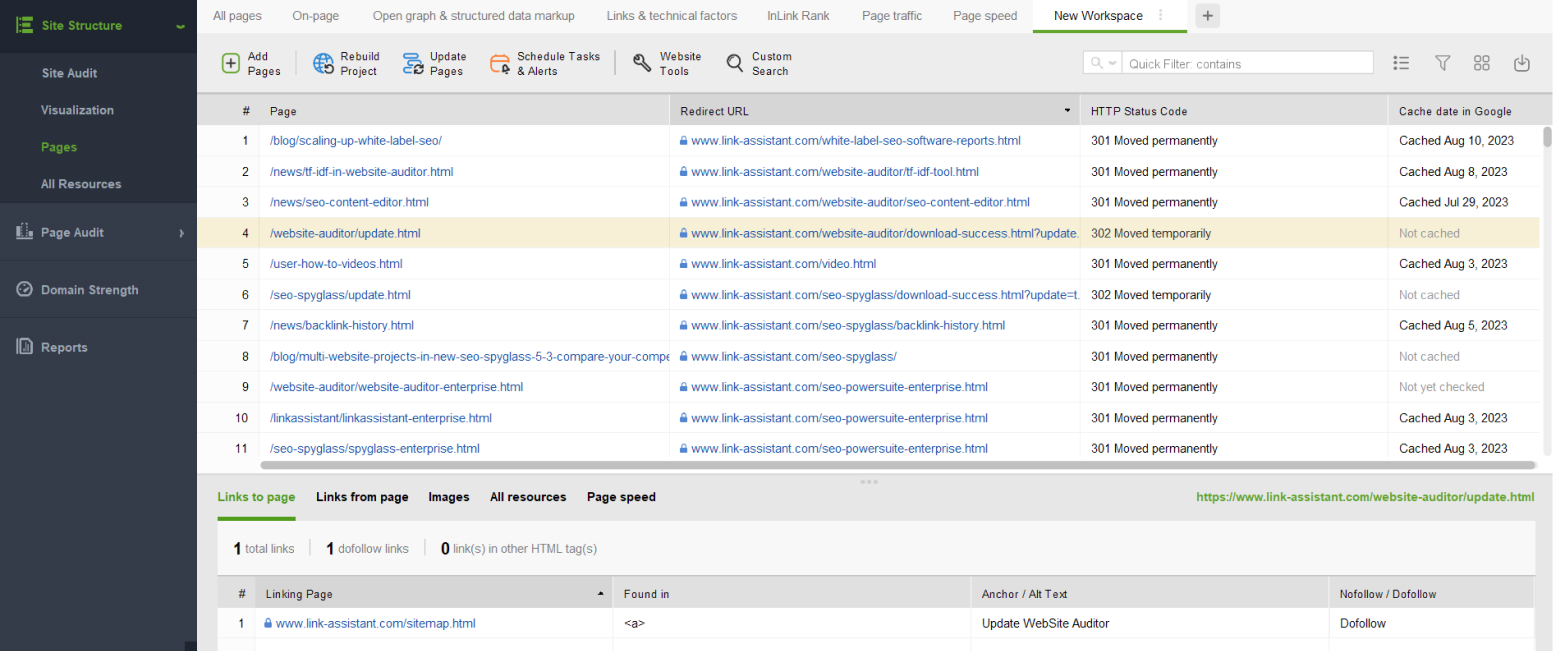 pages with redirects in WebSite Auditor
