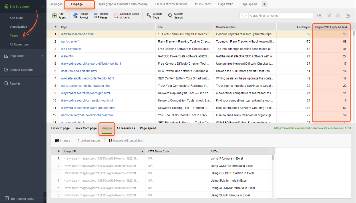 checking alt text with WebSite Auditor