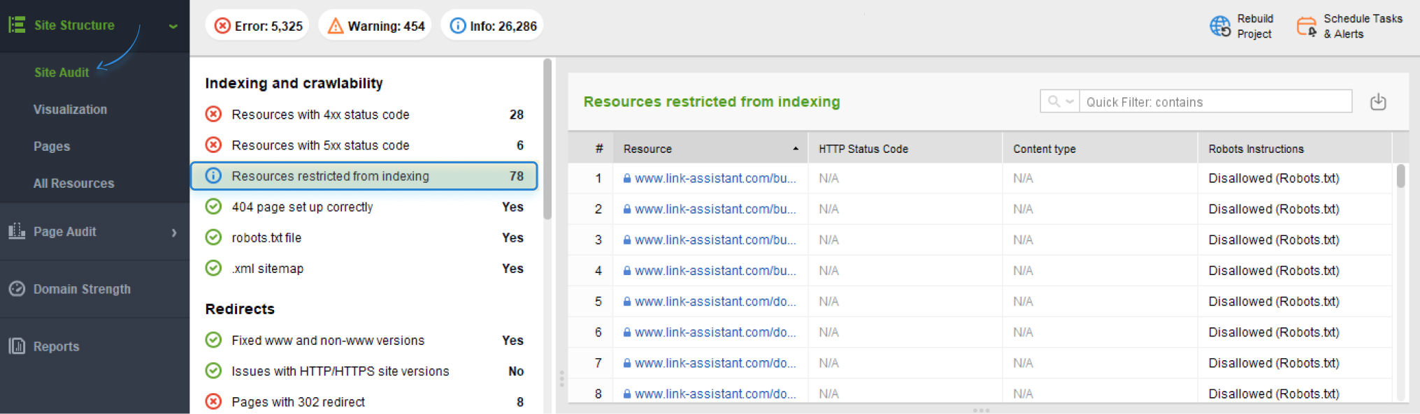 finding indexibility issues in WebSite Auditor