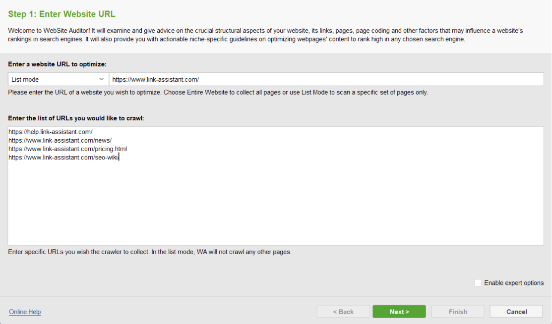 List of URLs in WebSite Auditor 