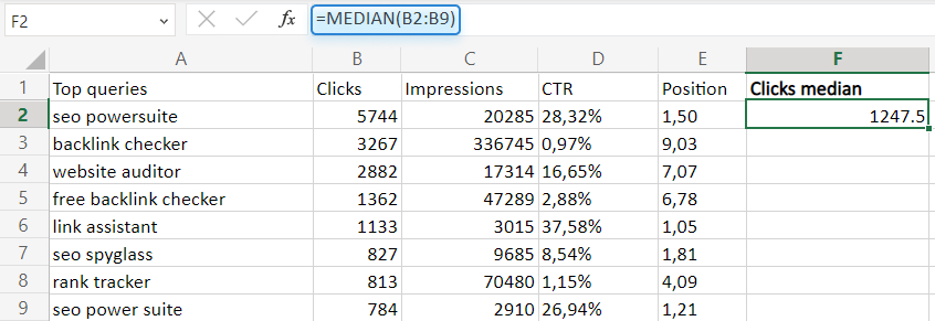 using median formula in excel