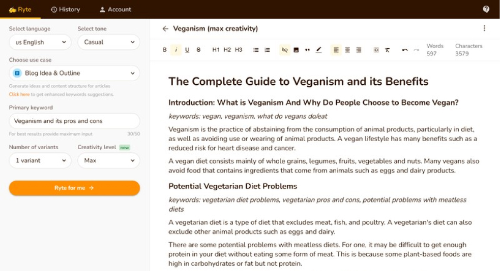 Rytr content writing tool