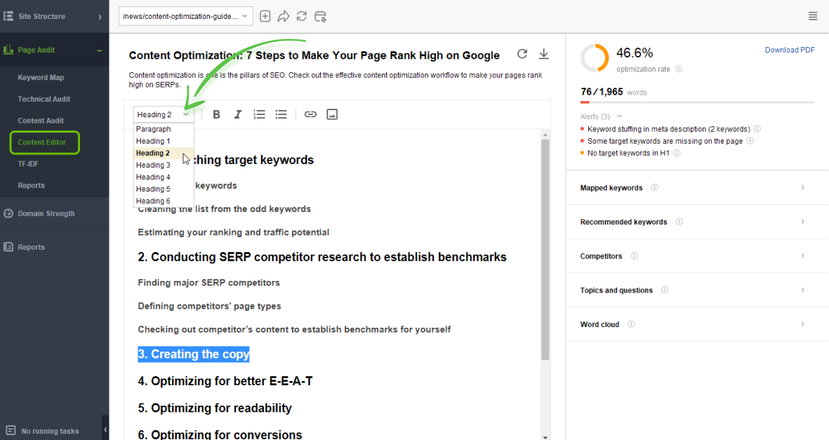 ouplining structure in WebSite Auditor