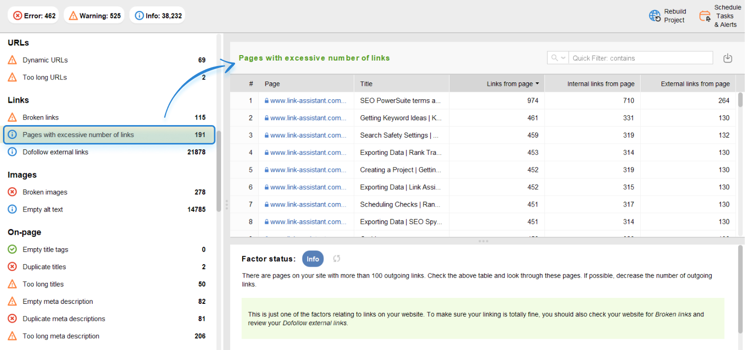 website auditor's dashboard with Excessive number of links issue highlighted