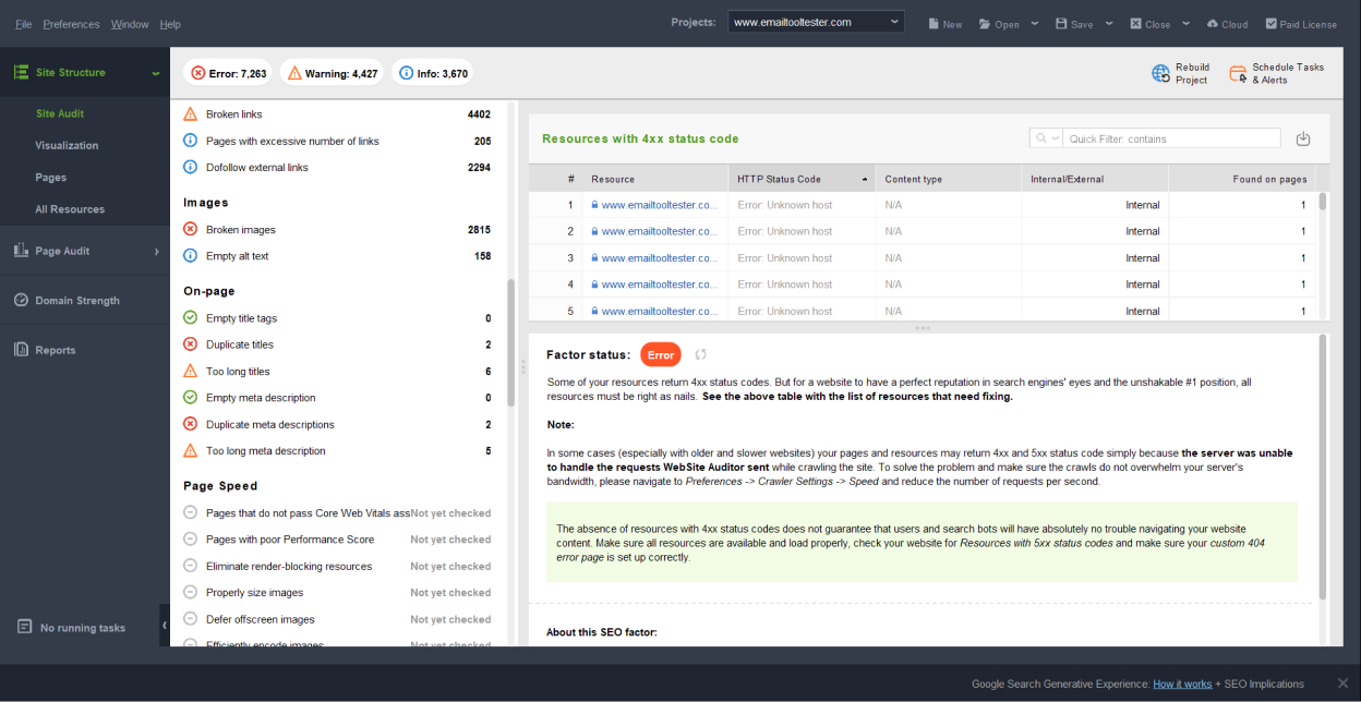 WebSiteAuditor dashboard