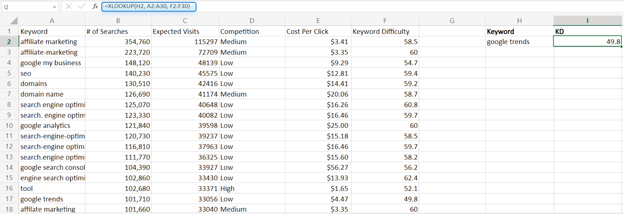 Using XLOOKUP formula in Excel