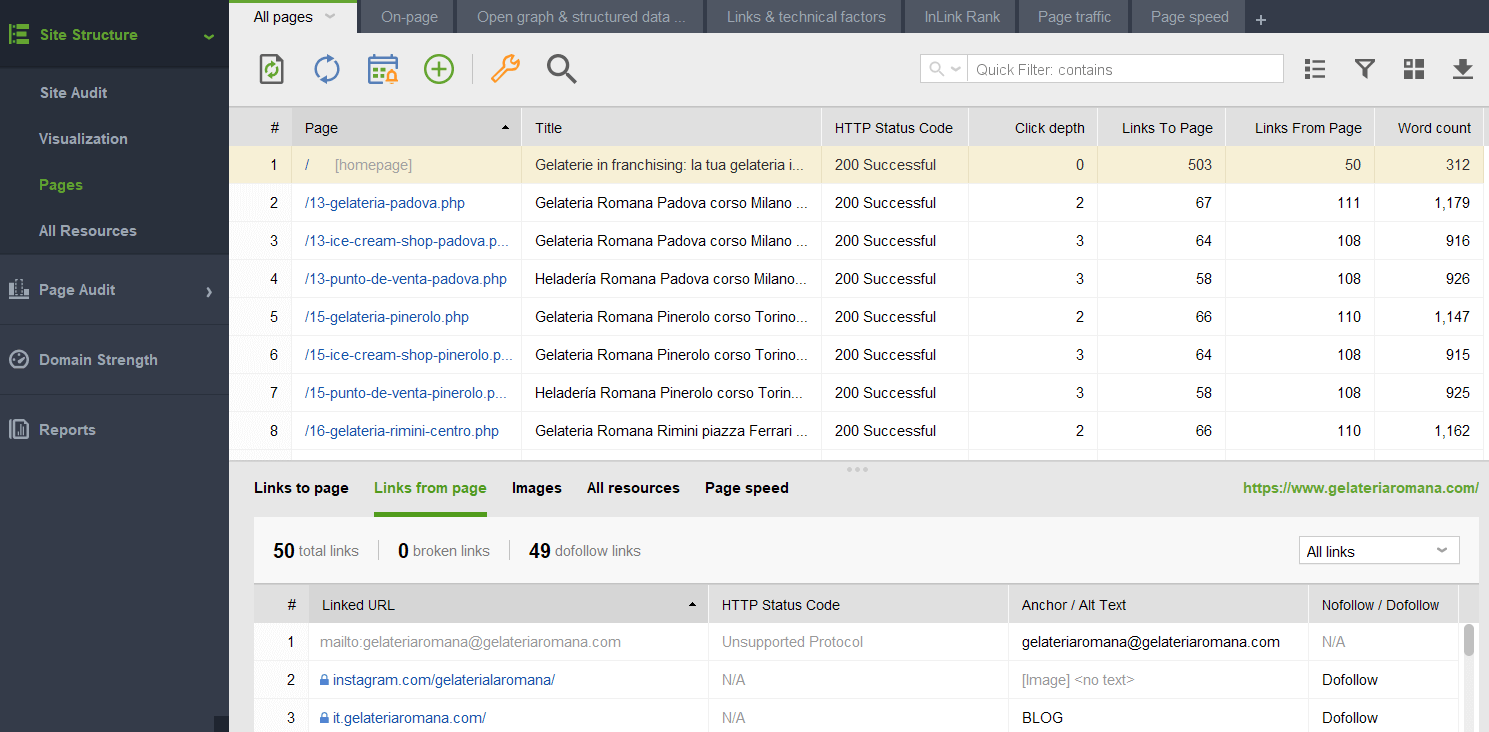website pages collected in WebSite Auditor