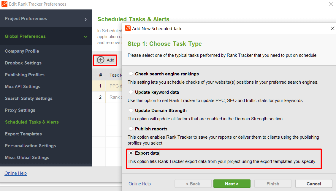 set up the task to export data