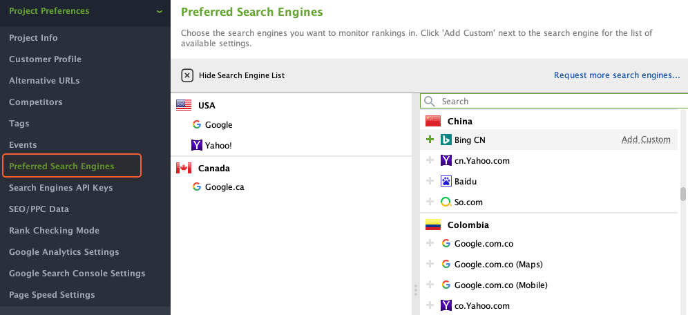 Preferred Search Engines settings