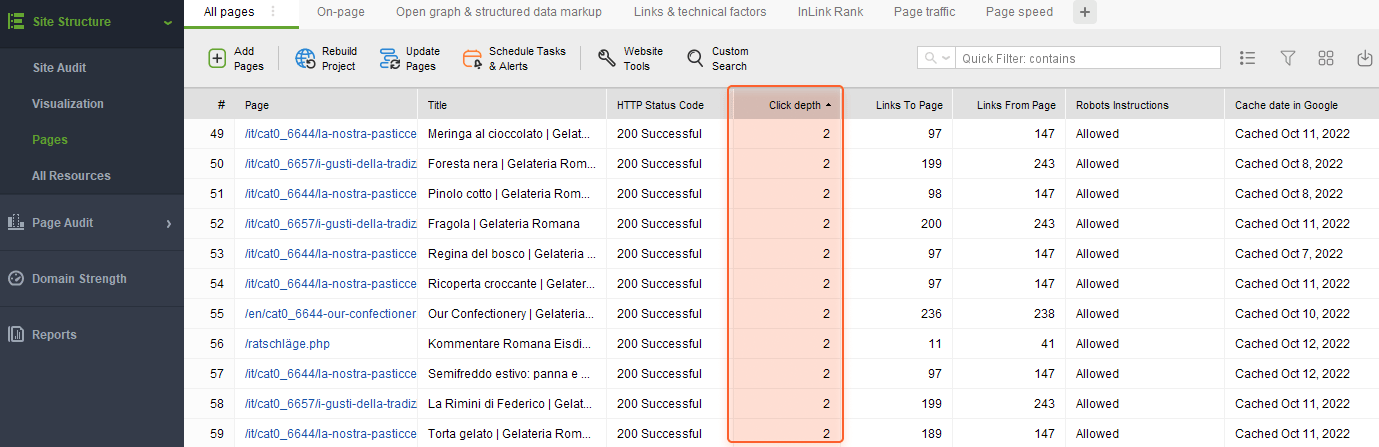 Use the Click Depth column of WebSite Auditor to quickly assess the click depth