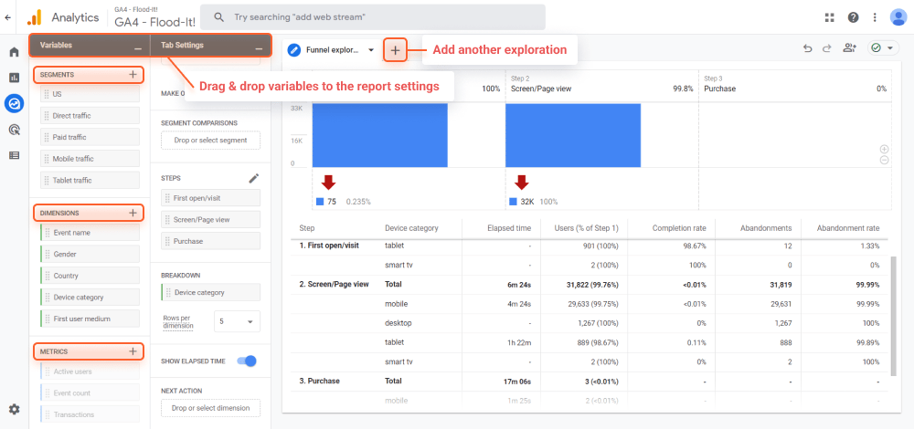 Drag-&-drop constructor to add variables to your exploration settings