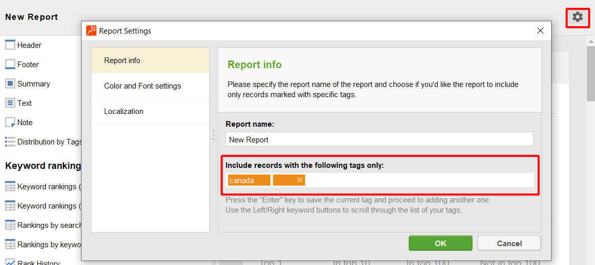 choose the keywords to be featured in the report