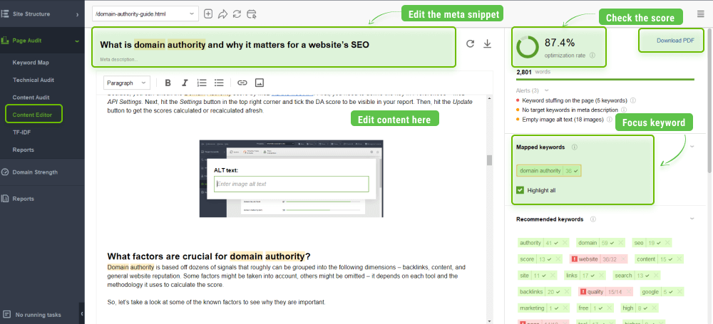 Editing content in-app in WebSite Auditor's Content Editor