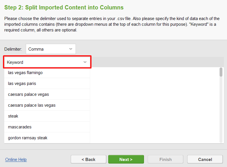 specify the column with keywords