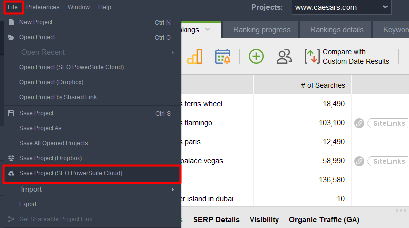 save project to SEO PowerSuite Cloud