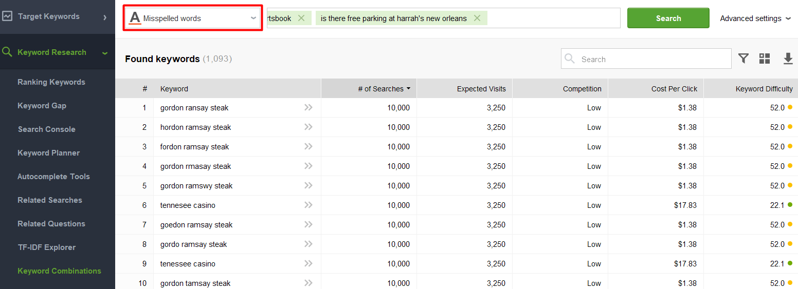 Keyword Combinations Misspelled Words option