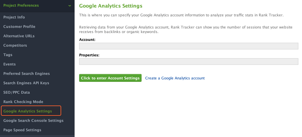 Google Analytics Settings in Rank Tracker