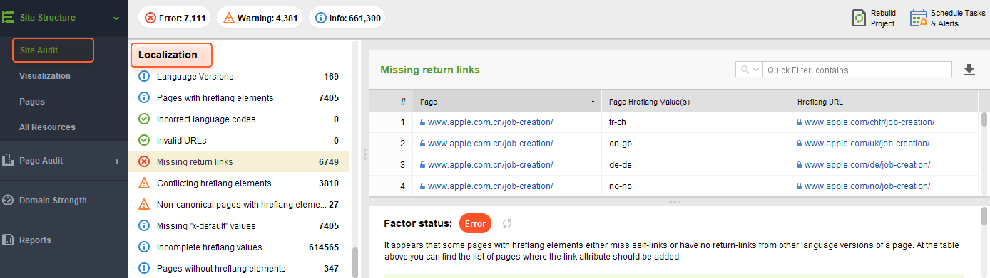 hreflang validation in WebSite Auditor