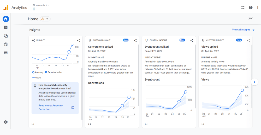 Automated insights appear in GA4 once the tool collects enough historical data