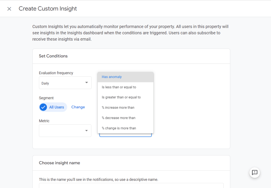 Settings for a custom alert in GA4