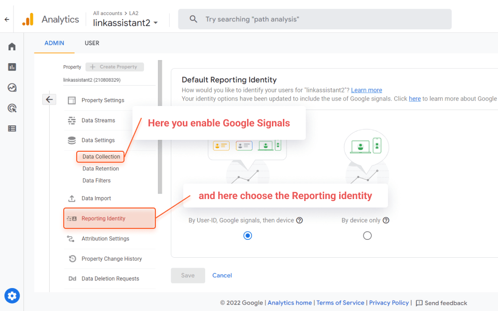 In Data Collection settings, choose to enable Google signals to analyze data of athenticated users who agreed to ads personalization