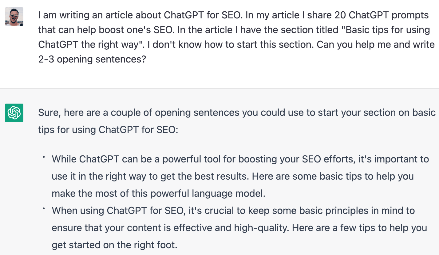 ChatGPT helps with starting a new section of your article
