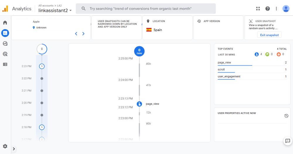 User Snapshot in GA4 shows how a random user interacts with your pages
