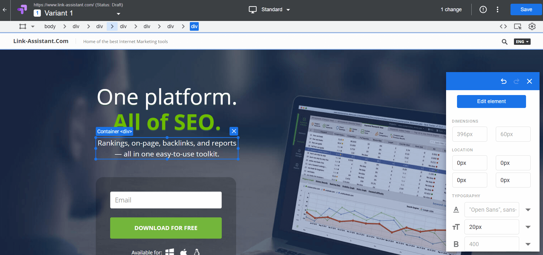 Google Optimize on-page editor