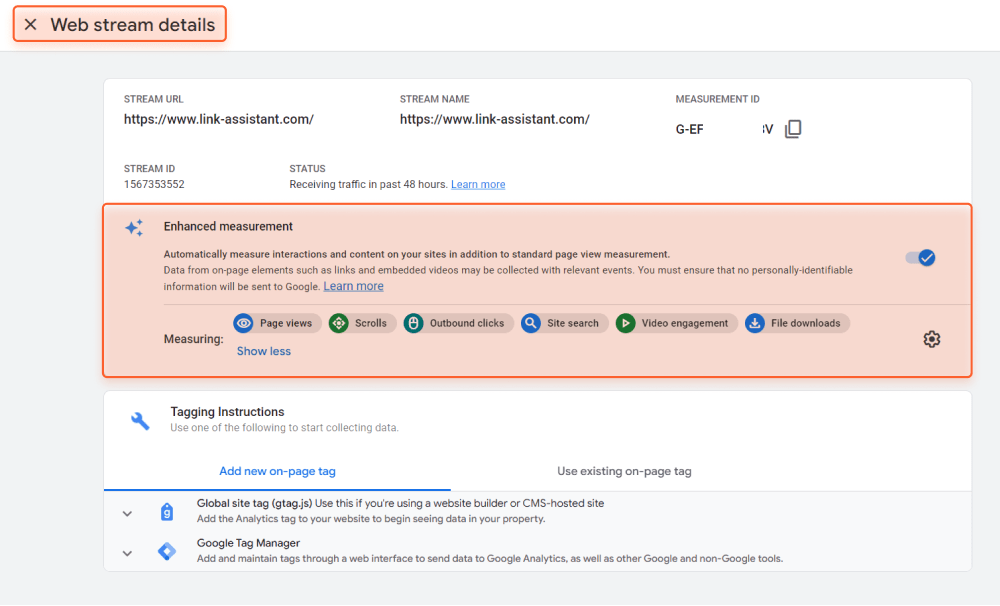In Data Settings, enable Enhanced Measurements to automatically track some events