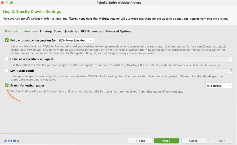 Search for orphan pages