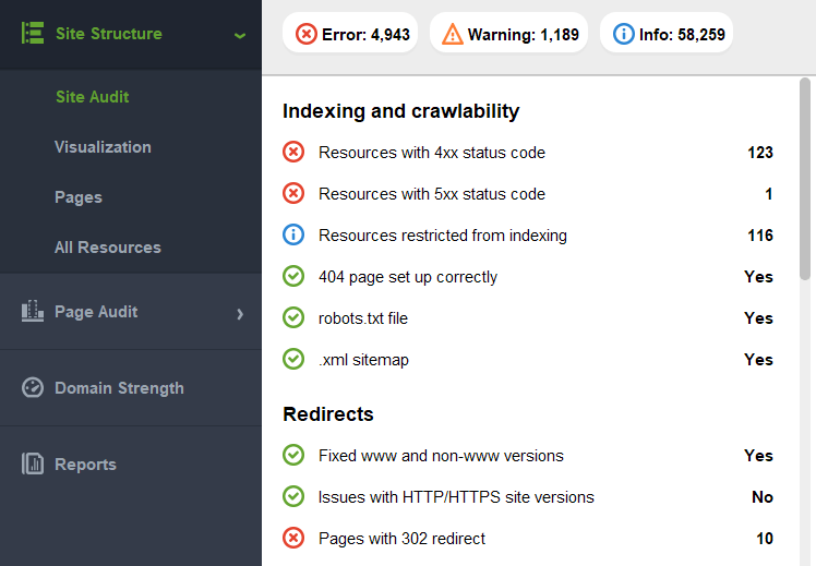 Site audit check in WebSite Auditor