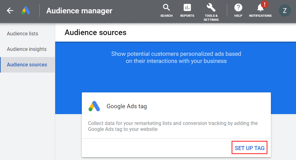 google ads tag card