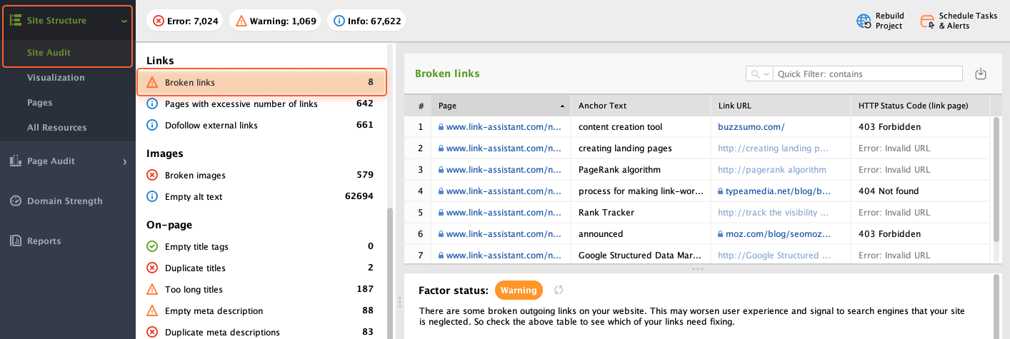 Identify broken links