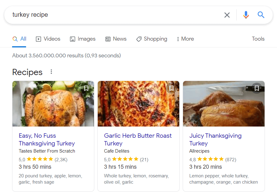 Recipes carousel in Google search results