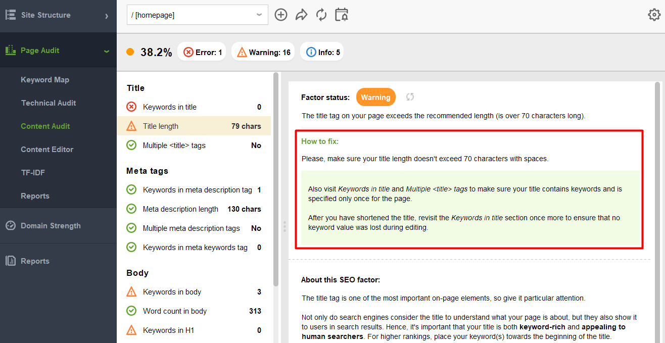 WebSite Auditor content audit section