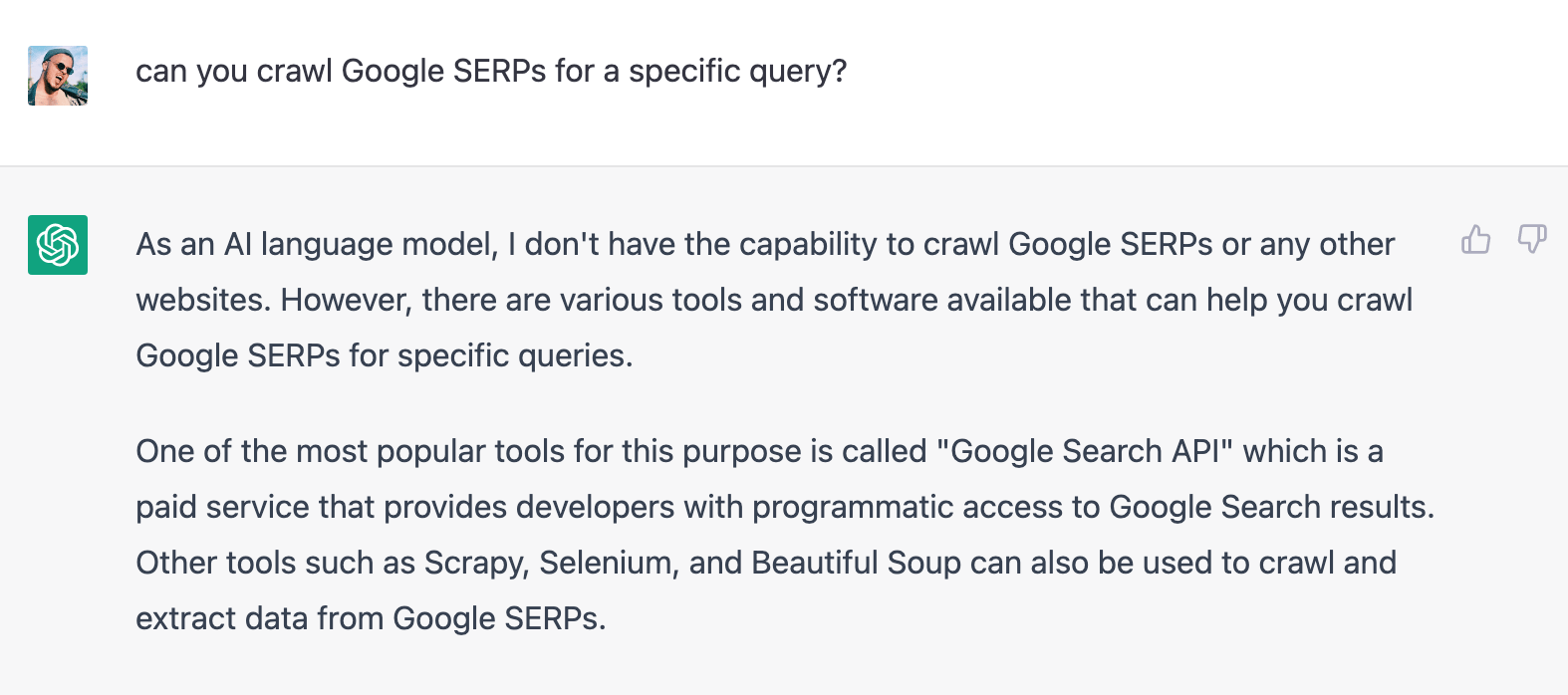 ChatGPT response about whether it can crawl the web