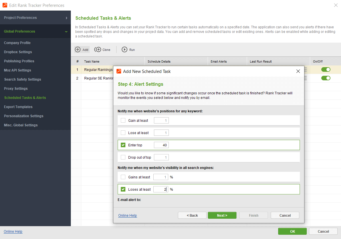 Set up an automatic ranking check or alert in Rank Tracker