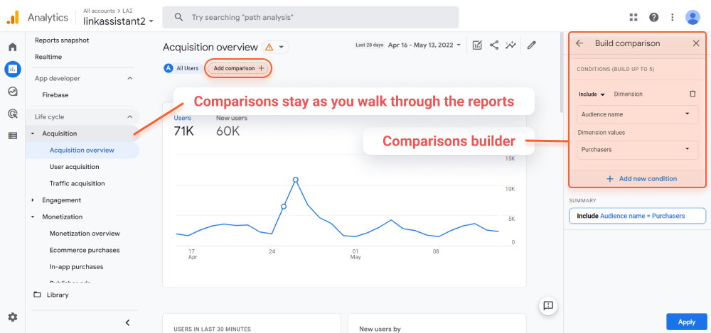 You can create comparisons in GA4 the way you compared segments in UA