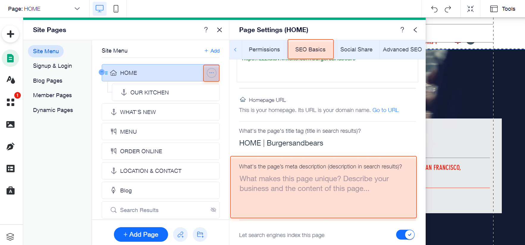 creating meta description in editor