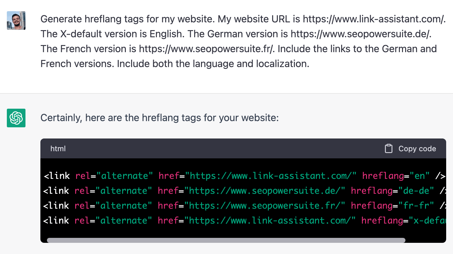 ChatGPT generates hreflang tags