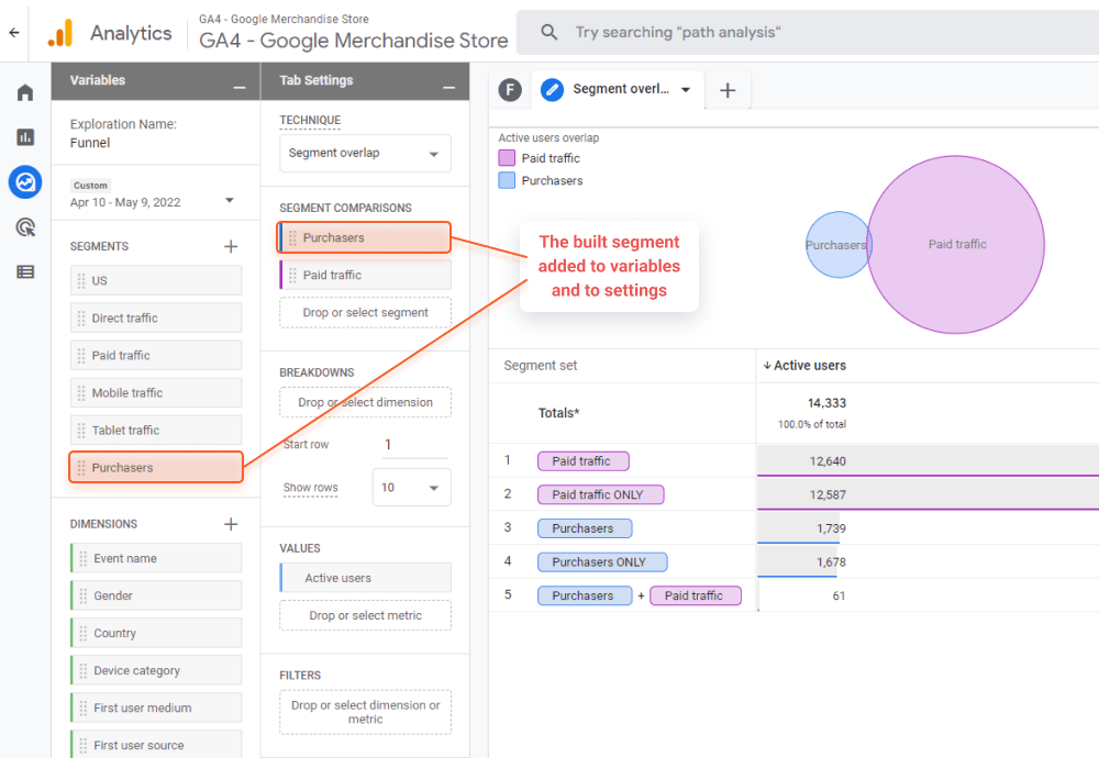 The newly created segment added to your exploration settings in GA4